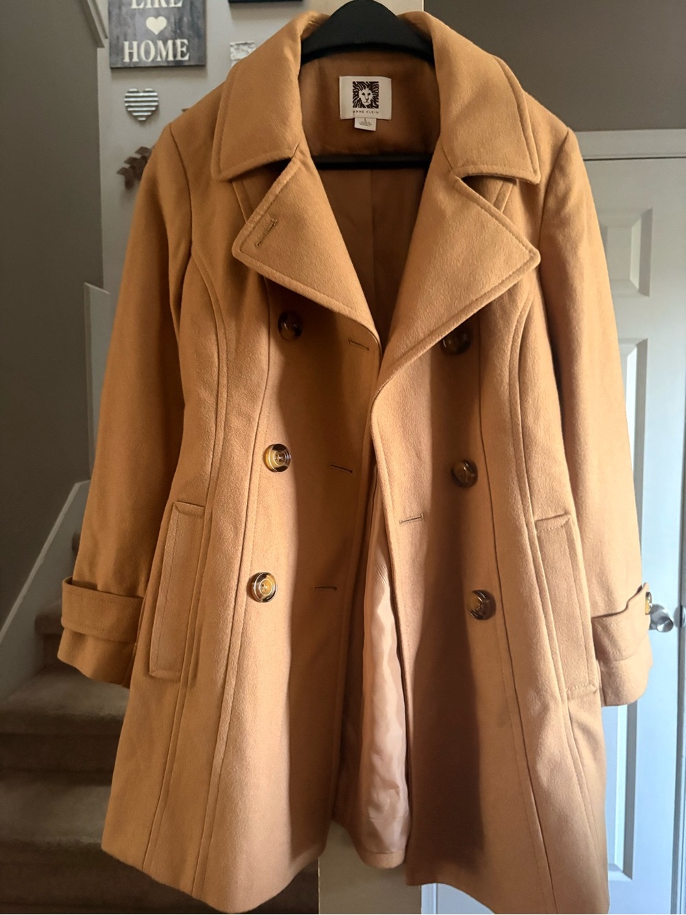 Anne Klein Camel Double-Breasted Pea Coat